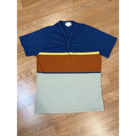 Vintage 70s Kings Road Sears V-neck Shirt M/L Horizontal Striped Short Sleeve